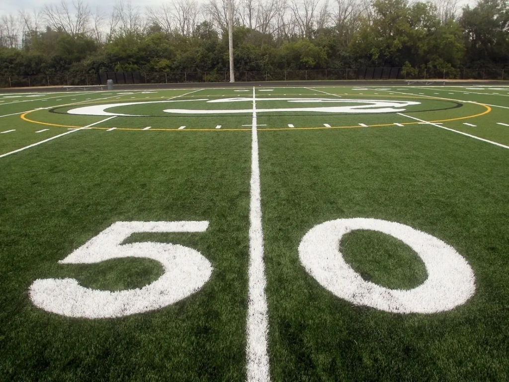 The photo shows the white-painted 50 yard line of a  grassy football field.