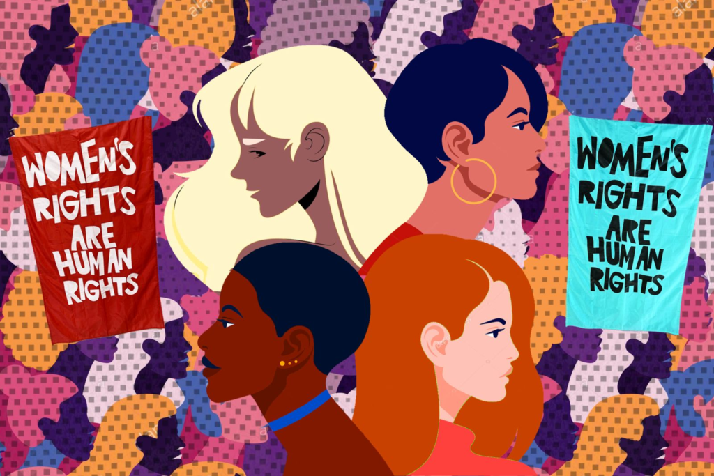 A brightly colored graphic shows four women of different races and two signs that read "women's rights are human rights".