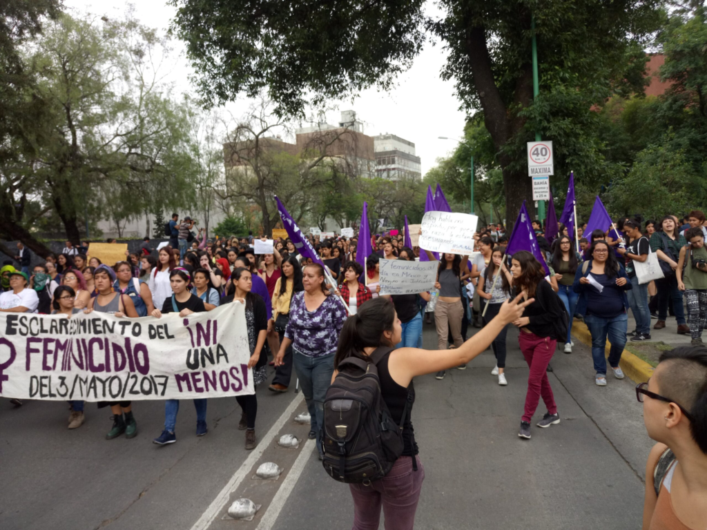 Latin American women with purple flags march down a street carrying a banner opposing femicide.