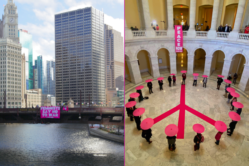 One half of the image shows a large pink and white peace banner hanging off a bridge over a Chicago canal. The other half of the image shows a pink peace symbol displayed on the floor of a government building surrounded by women holding pink parasols. 
