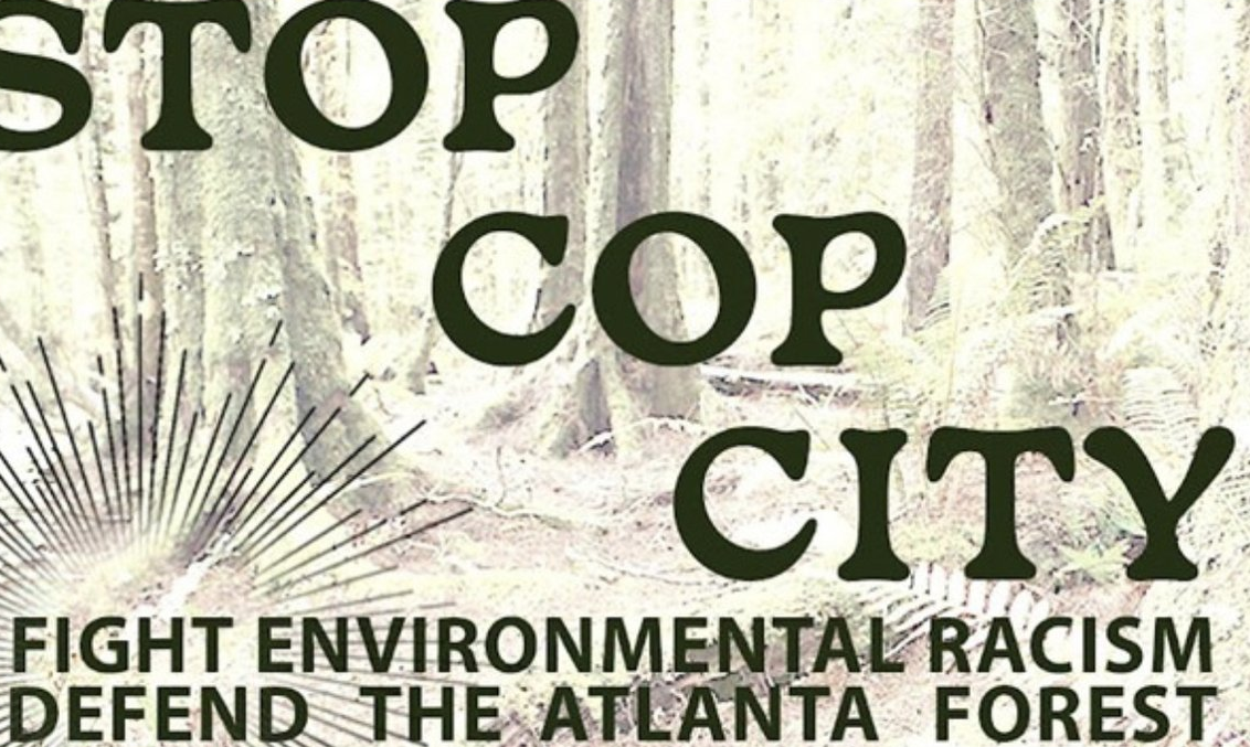 A poster with a background of a forest calls upon people to join the week of actions to Stop Cop City in Atlanta, GA.