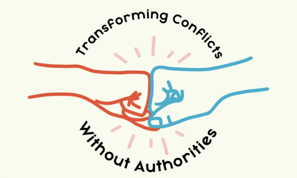 An outline image of a red fist and a blue fist doing a gesture of mutual support accompanies the words "transforming conflicts without authorities."