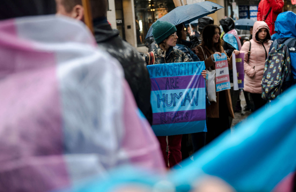 Trans rights activists hold pink, blue, and white signs during a demonstration.