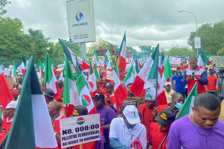A crowd of protesters carries the green, red, and white flag of Nigeria under an overcast sky.